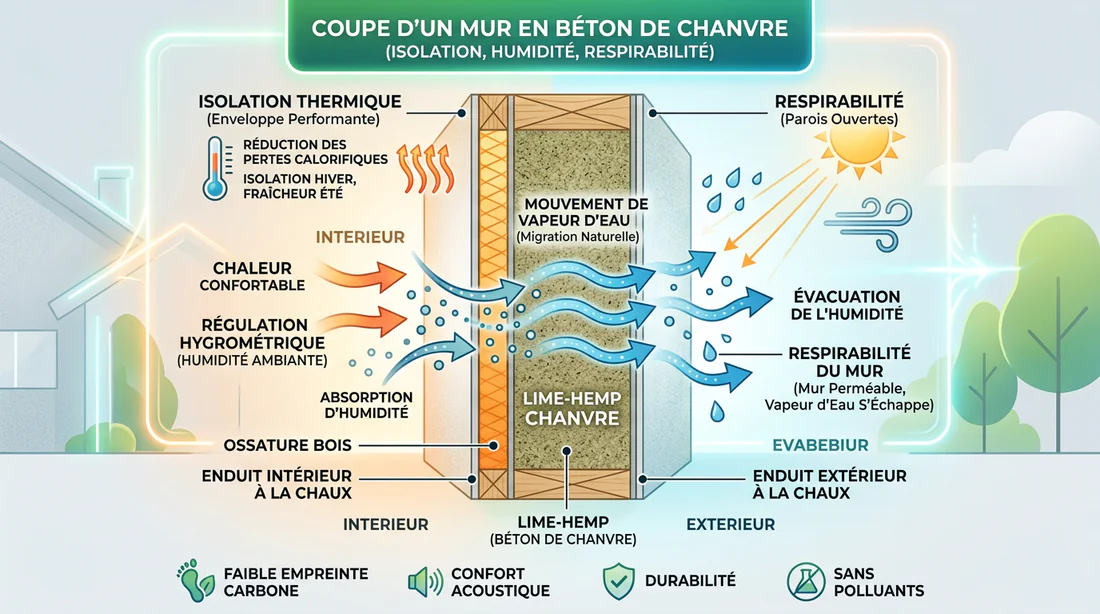 Schéma explicatif des performances thermiques et hygrométriques de la chaux-chanvre