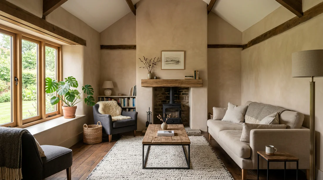Salon rénové avec des murs isolés en chaux-chanvre offrant une ambiance chaleureuse