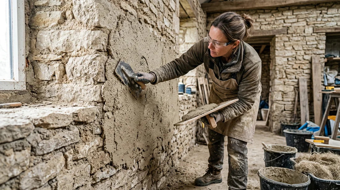 Mise en œuvre de l'enduit isolant chaux-chanvre sur mur en pierre